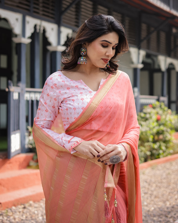 Peach Pink Plain Chiffon Saree with Gold Zari Border, Geometric Printed Blouse & Tassel Detailing