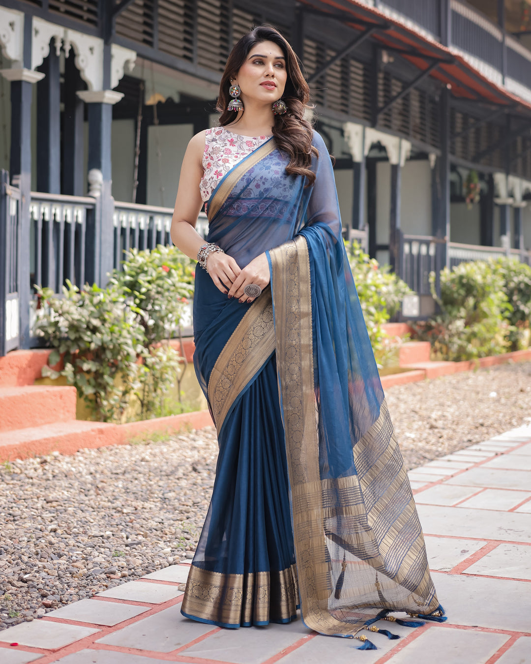 Deep Navy Blue Plain Chiffon Saree with Gold Zari Border, Floral Printed Blouse & Tassel Accents