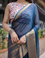 Deep Navy Blue Plain Chiffon Saree with Gold Zari Border, Floral Printed Blouse & Tassel Accents