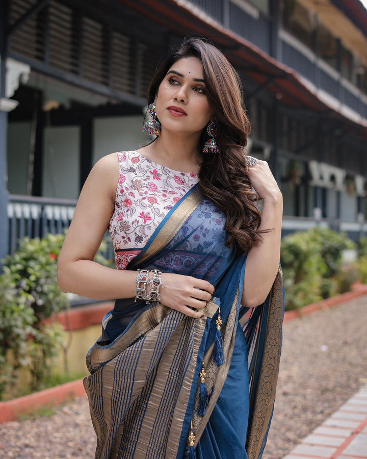 Deep Navy Blue Plain Chiffon Saree with Gold Zari Border, Floral Printed Blouse & Tassel Accents