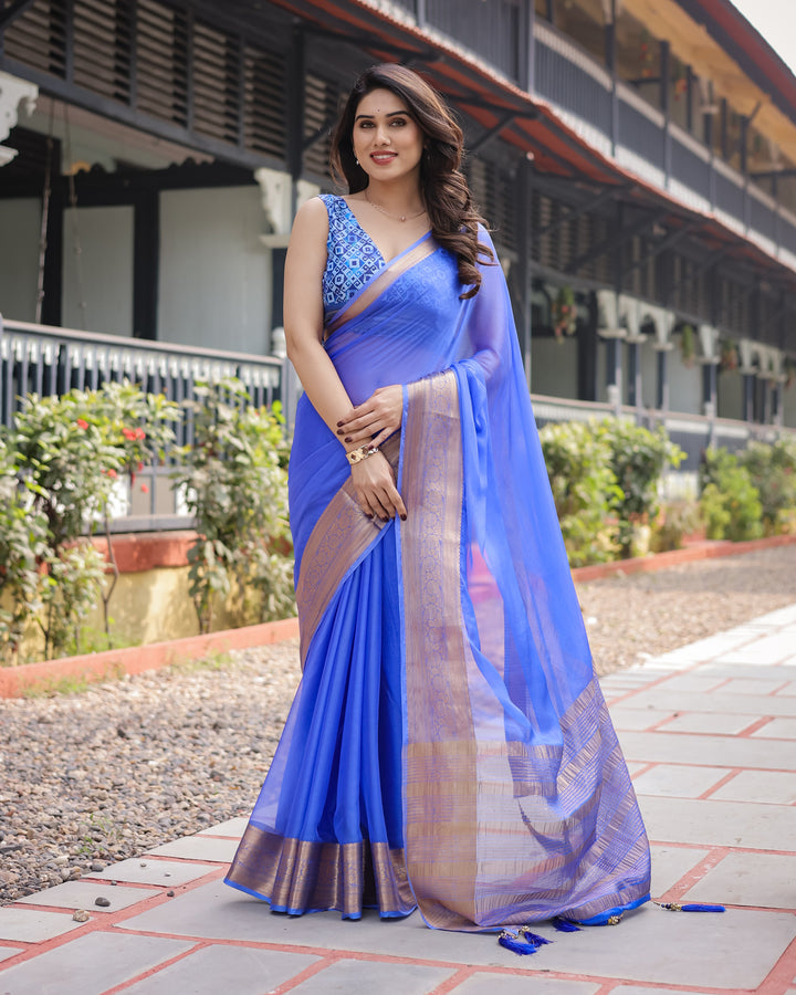 Royal Blue Plain Chiffon Saree with Gold Zari Border, Geometric Printed Blouse & Tassel Detailing