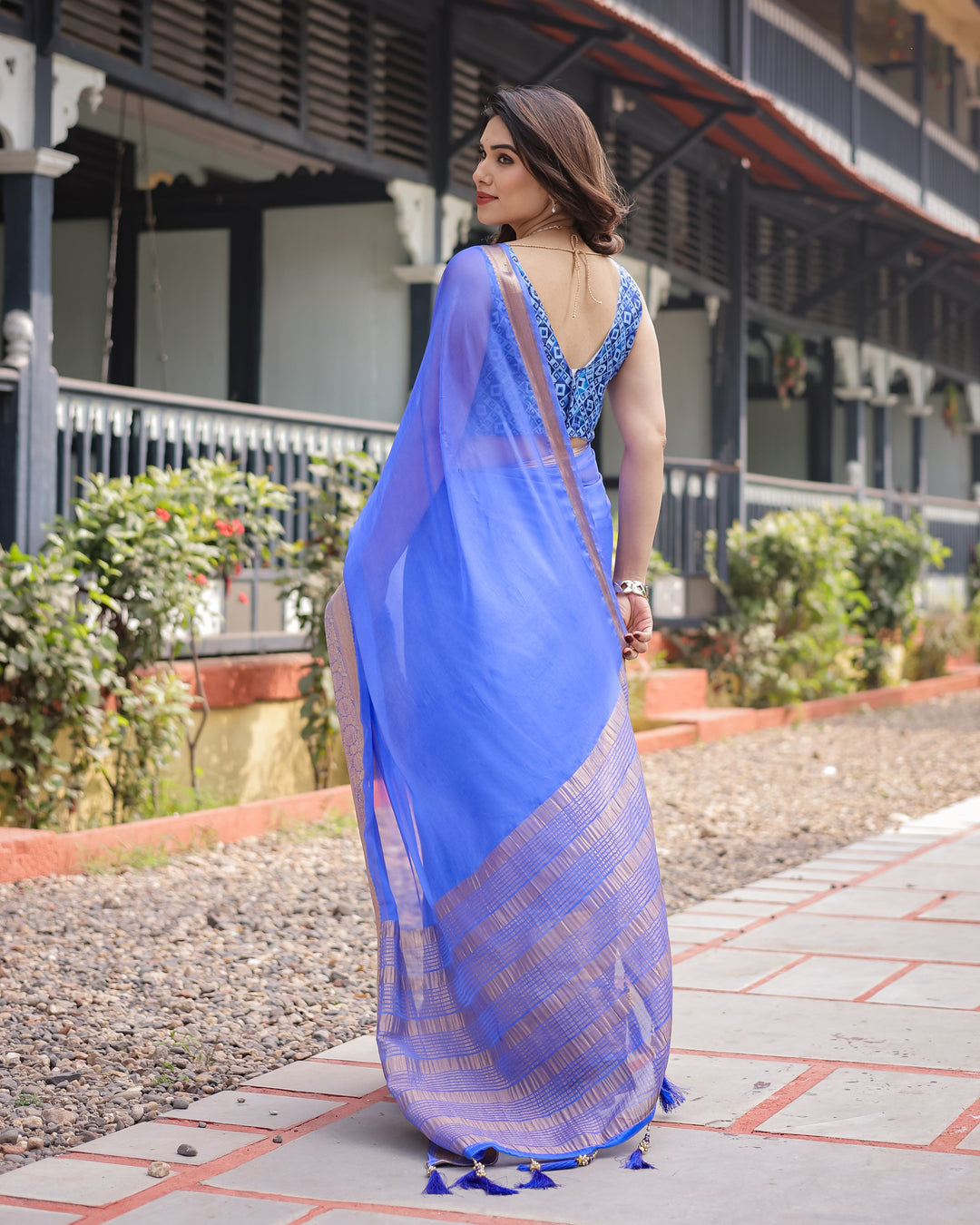 Royal Blue Plain Chiffon Saree with Gold Zari Border, Geometric Printed Blouse & Tassel Detailing