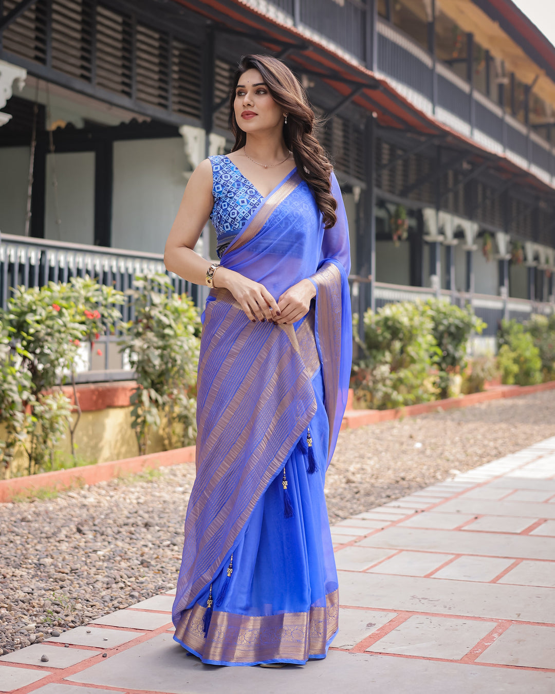 Royal Blue Plain Chiffon Saree with Gold Zari Border, Geometric Printed Blouse & Tassel Detailing