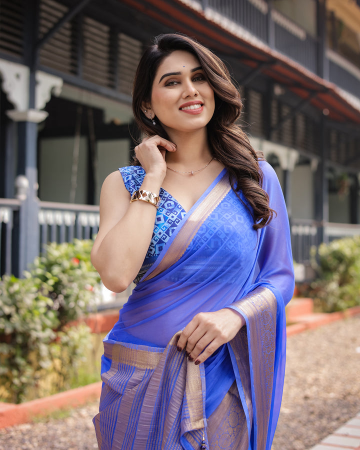 Royal Blue Plain Chiffon Saree with Gold Zari Border, Geometric Printed Blouse & Tassel Detailing