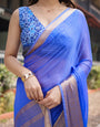 Royal Blue Plain Chiffon Saree with Gold Zari Border, Geometric Printed Blouse & Tassel Detailing