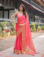 Flamingo Pink Plain Chiffon Saree with Gold Zari Border, Patterned Blouse & Tassel Detailing