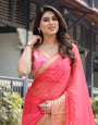 Flamingo Pink Plain Chiffon Saree with Gold Zari Border, Patterned Blouse & Tassel Detailing