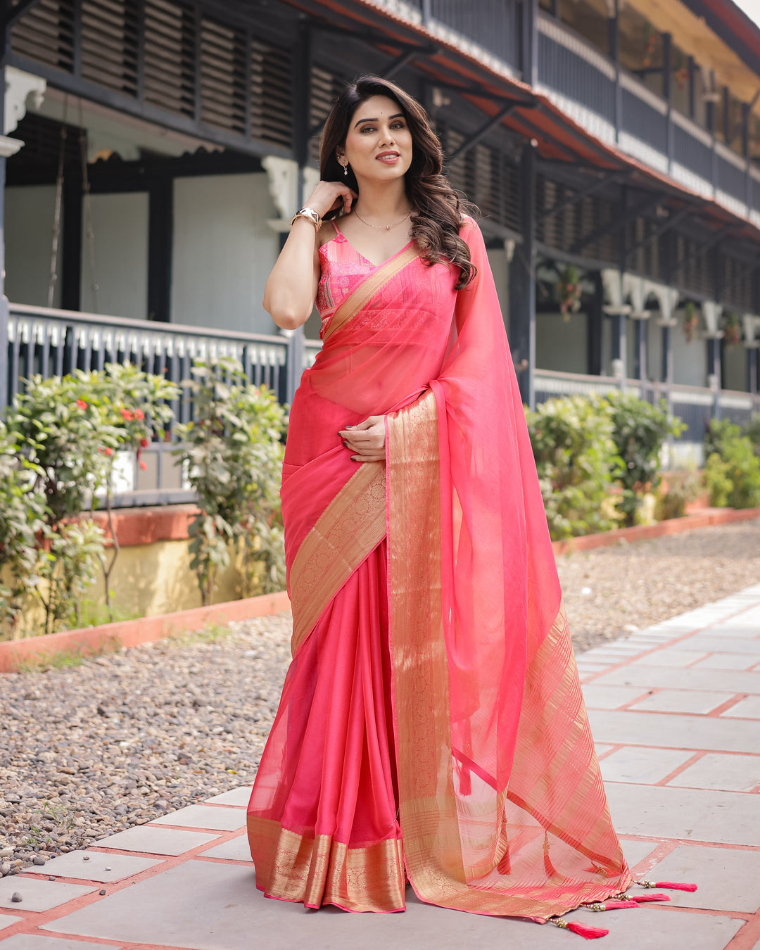 Flamingo Pink Plain Chiffon Saree with Gold Zari Border, Patterned Blouse & Tassel Detailing