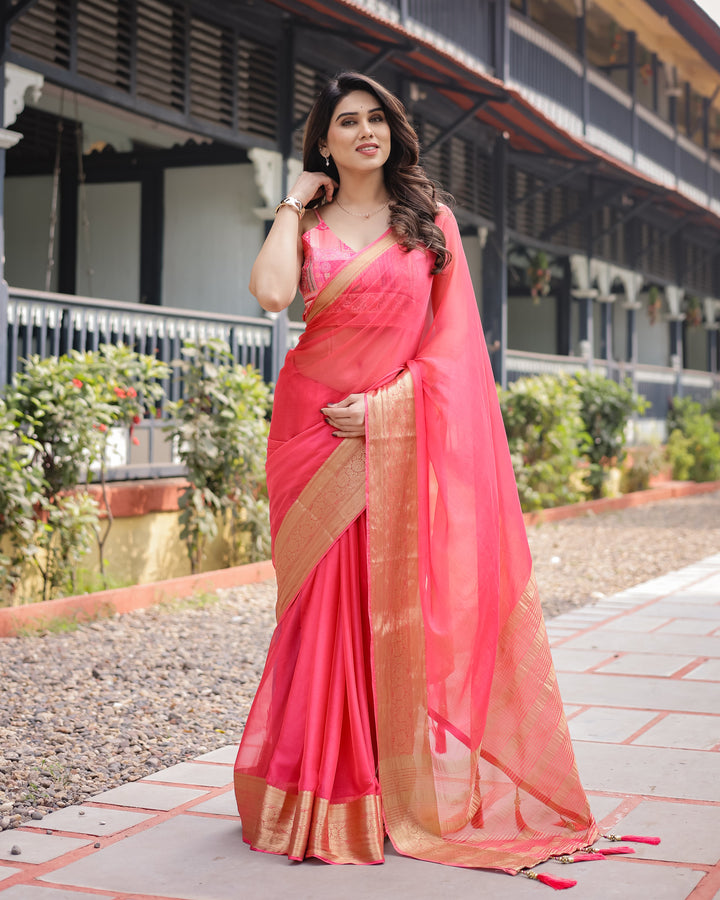 Flamingo Pink Plain Chiffon Saree with Gold Zari Border, Patterned Blouse & Tassel Detailing