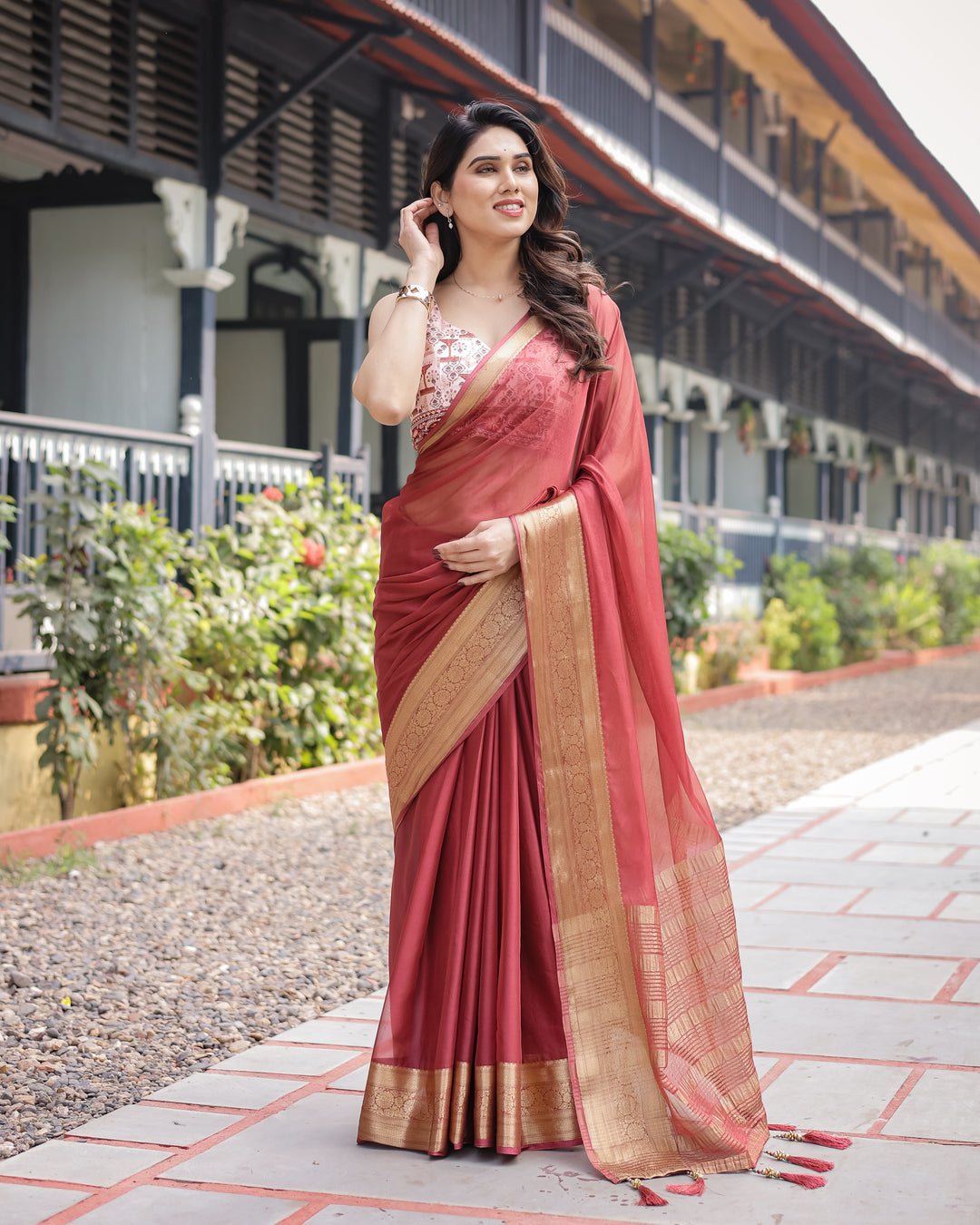 Elegant Maroon Plain Chiffon Saree with Gold Zari Border, Designer Printed Blouse & Tassel Detailing