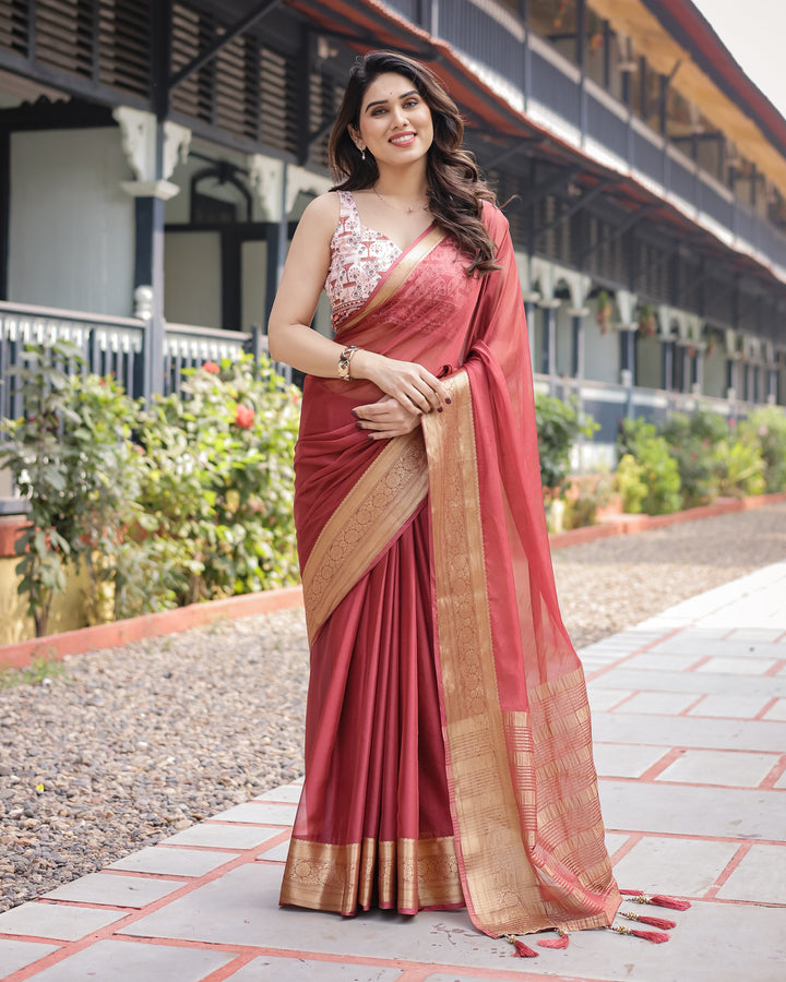 Elegant Maroon Plain Chiffon Saree with Gold Zari Border, Designer Printed Blouse & Tassel Detailing