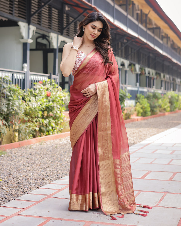 Elegant Maroon Plain Chiffon Saree with Gold Zari Border, Designer Printed Blouse & Tassel Detailing