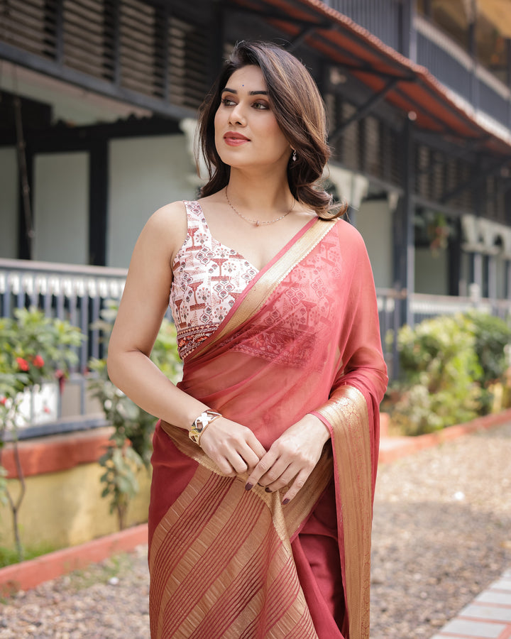 Elegant Maroon Plain Chiffon Saree with Gold Zari Border, Designer Printed Blouse & Tassel Detailing