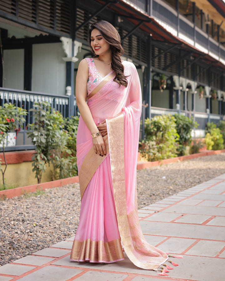 Soft Baby Pink Plain Chiffon Saree with Gold Zari Border, Geometric Embroidered Blouse & Tassel Detailing