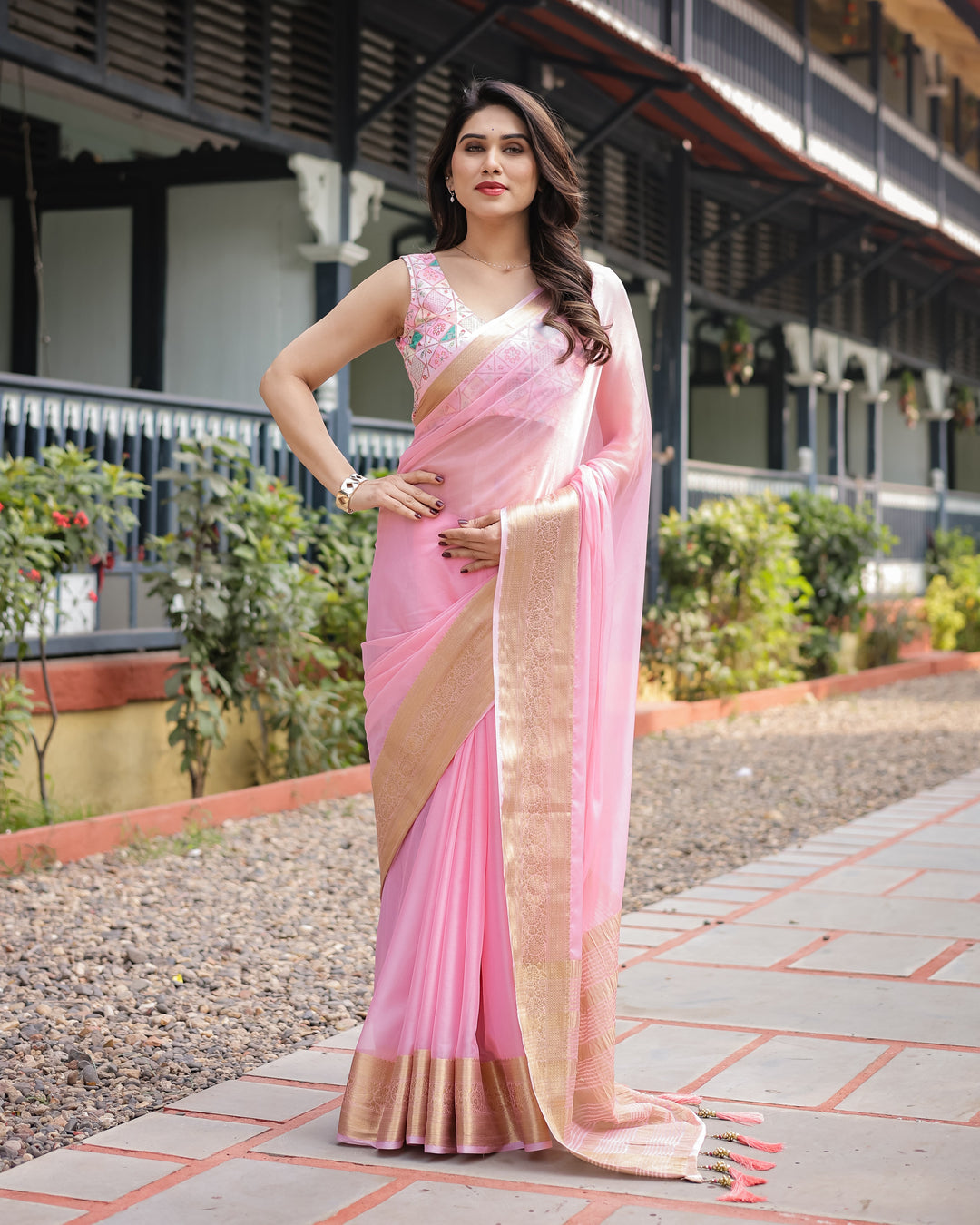 Soft Baby Pink Plain Chiffon Saree with Gold Zari Border, Geometric Embroidered Blouse & Tassel Detailing