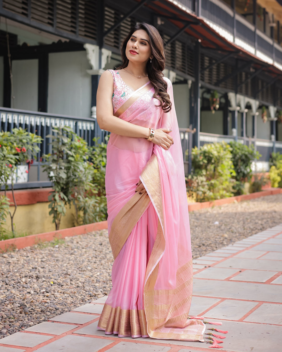 Soft Baby Pink Plain Chiffon Saree with Gold Zari Border, Geometric Embroidered Blouse & Tassel Detailing