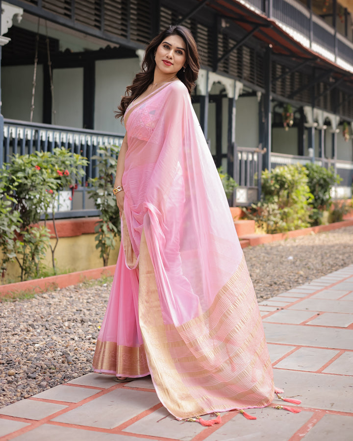 Soft Baby Pink Plain Chiffon Saree with Gold Zari Border, Geometric Embroidered Blouse & Tassel Detailing