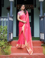 Raspberry Pink Plain Chiffon Saree with Gold Zari Border, High-Neck Floral Printed Blouse & Tassel Detailing