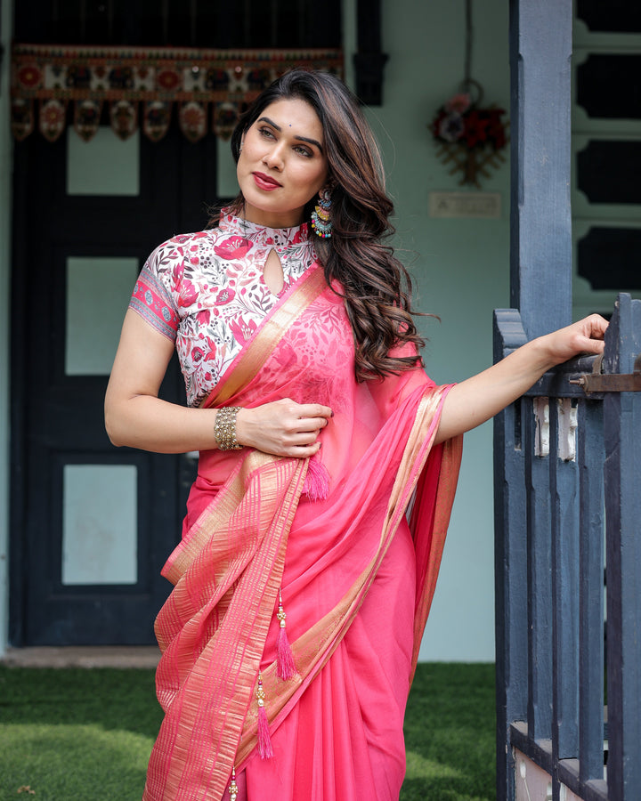 Raspberry Pink Plain Chiffon Saree with Gold Zari Border, High-Neck Floral Printed Blouse & Tassel Detailing