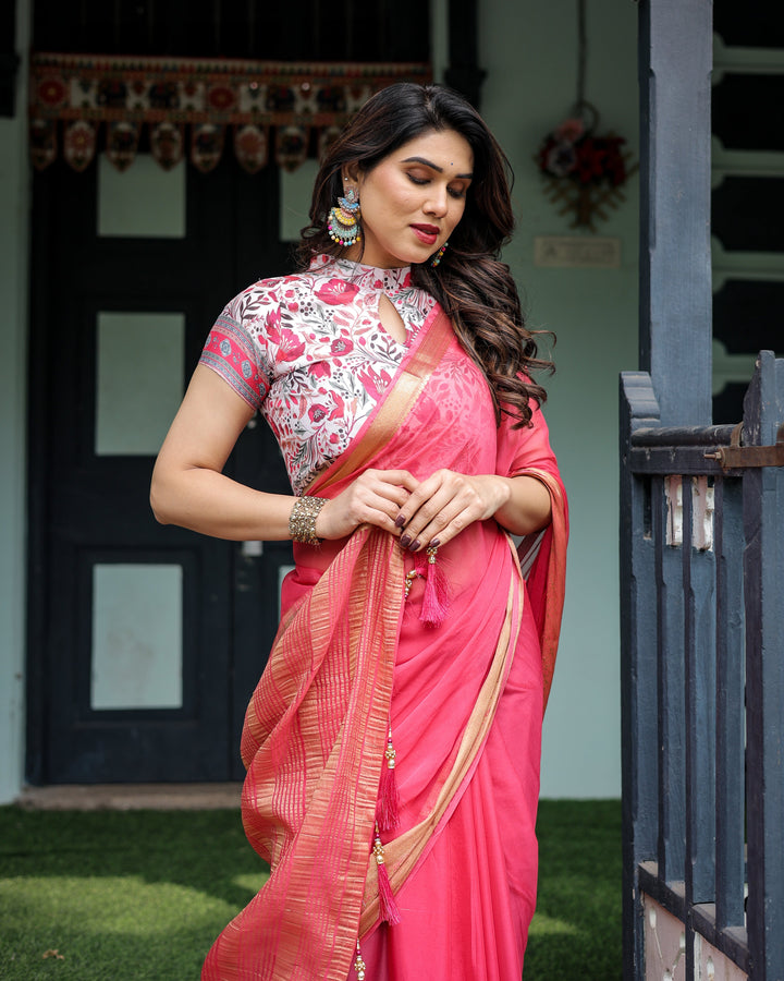 Raspberry Pink Plain Chiffon Saree with Gold Zari Border, High-Neck Floral Printed Blouse & Tassel Detailing