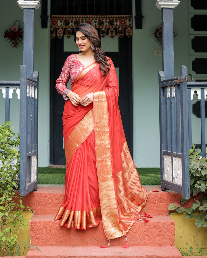 Fiery Red Plain Chiffon Saree with Gold Zari Border, Full-Sleeve Floral Blouse & Tassel Detailing