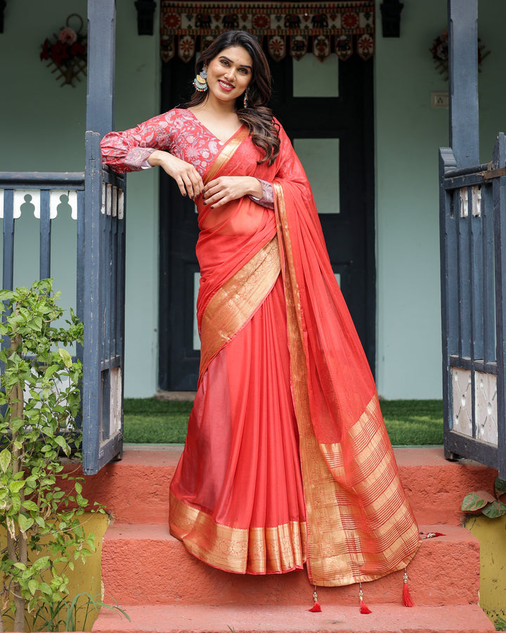 Fiery Red Plain Chiffon Saree with Gold Zari Border, Full-Sleeve Floral Blouse & Tassel Detailing