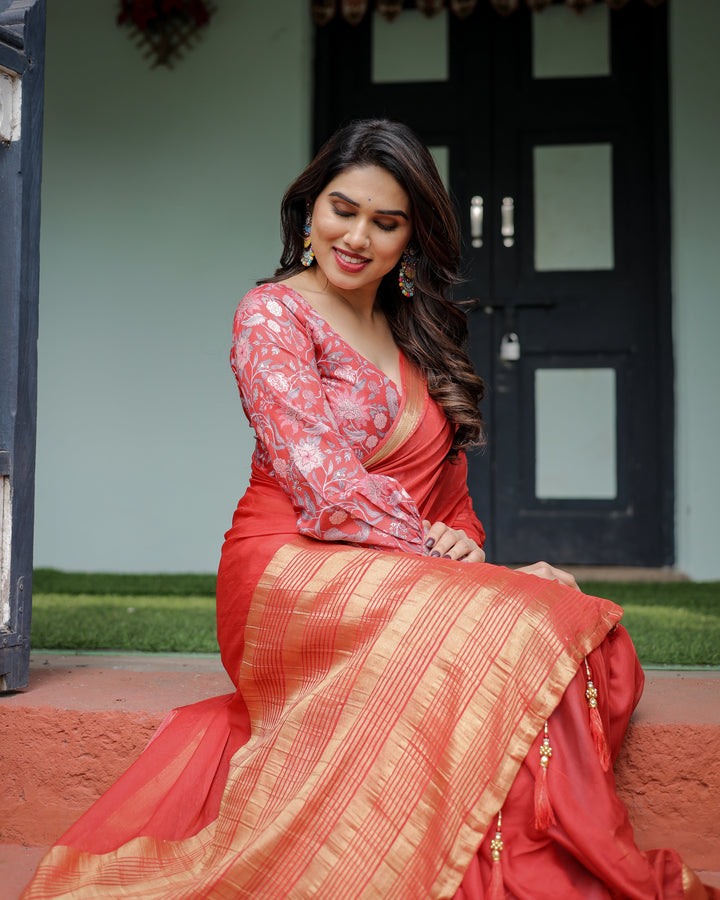 Fiery Red Plain Chiffon Saree with Gold Zari Border, Full-Sleeve Floral Blouse & Tassel Detailing