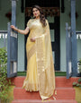 Sunshine Yellow Plain Chiffon Saree with Gold Zari Border and Floral Puff Sleeve Blouse