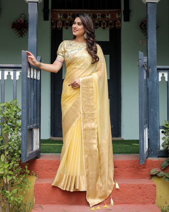 Sunshine Yellow Plain Chiffon Saree with Gold Zari Border and Floral Puff Sleeve Blouse