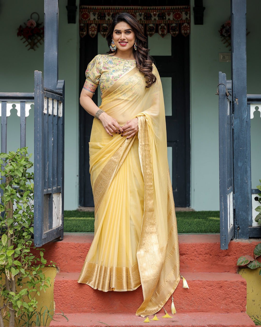 Sunshine Yellow Plain Chiffon Saree with Gold Zari Border and Floral Puff Sleeve Blouse