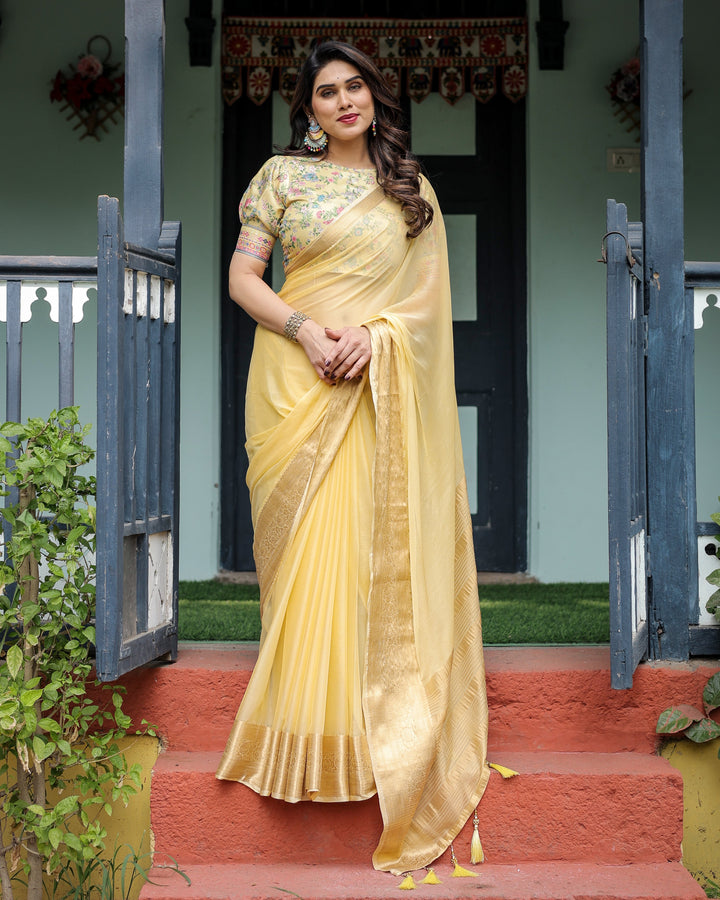 Sunshine Yellow Plain Chiffon Saree with Gold Zari Border and Floral Puff Sleeve Blouse