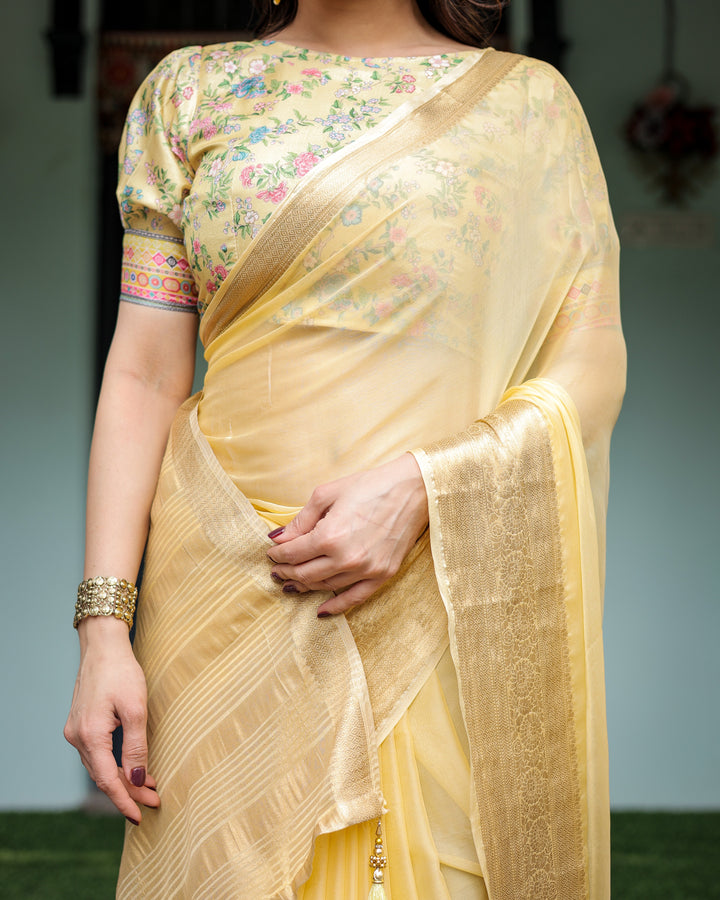 Sunshine Yellow Plain Chiffon Saree with Gold Zari Border and Floral Puff Sleeve Blouse