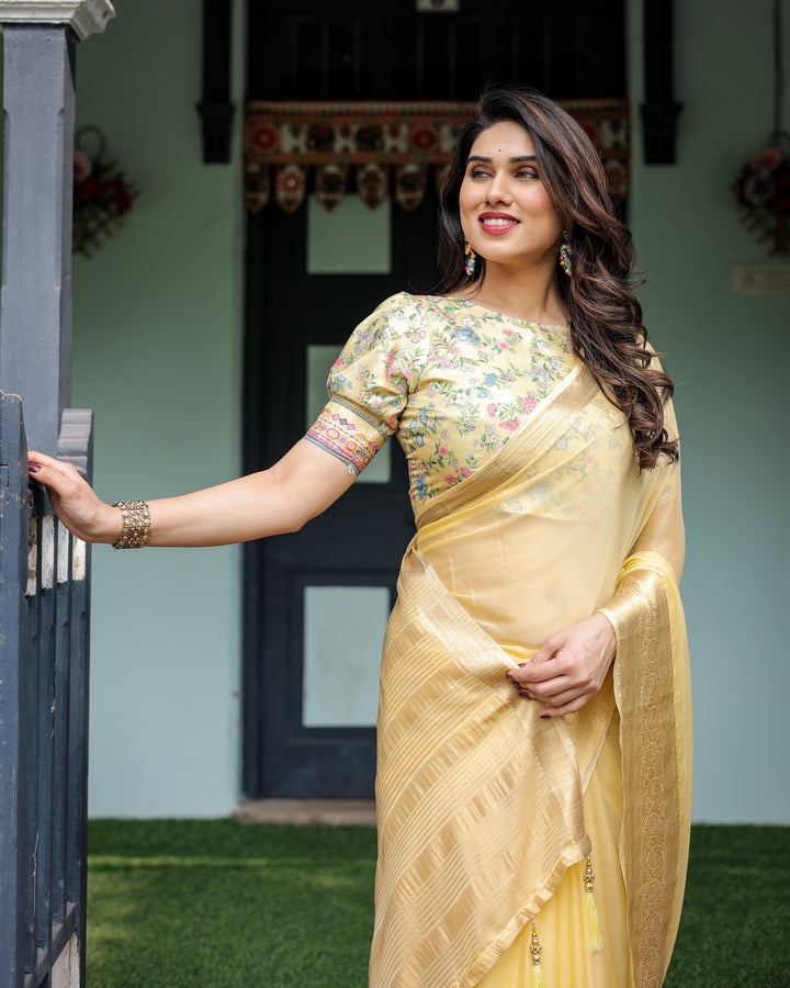 Sunshine Yellow Plain Chiffon Saree with Gold Zari Border and Floral Puff Sleeve Blouse