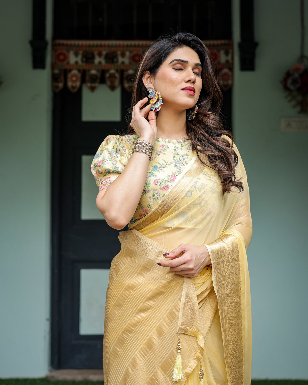 Sunshine Yellow Plain Chiffon Saree with Gold Zari Border and Floral Puff Sleeve Blouse