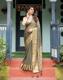 Olive Green Sheer Chiffon Saree with Gold Zari Border and Floral Designer Blouse