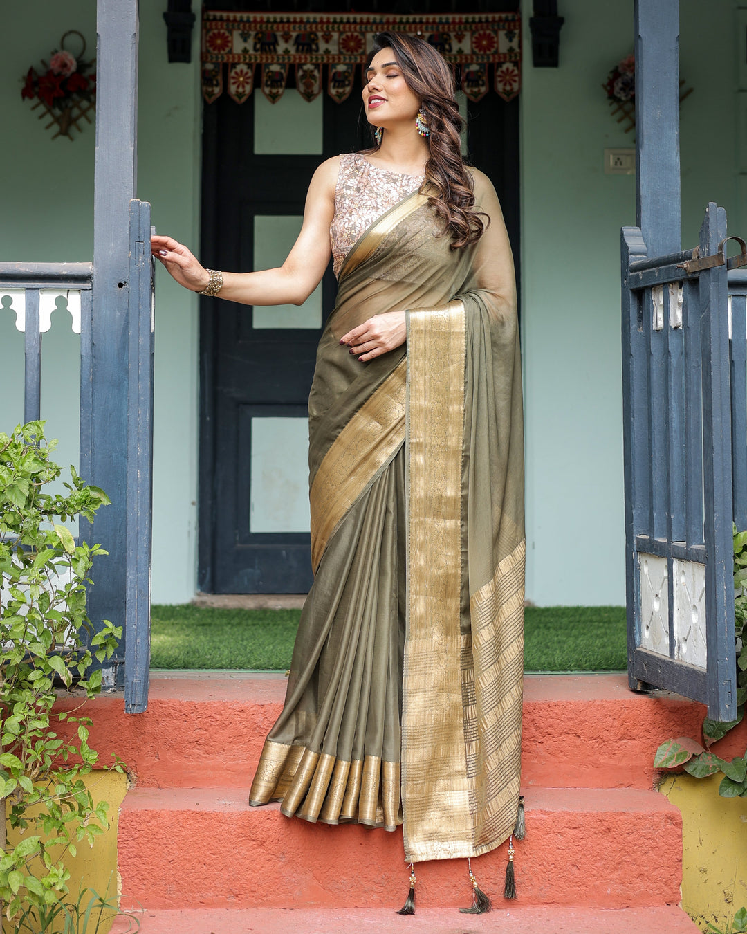 Olive Green Sheer Chiffon Saree with Gold Zari Border and Floral Designer Blouse