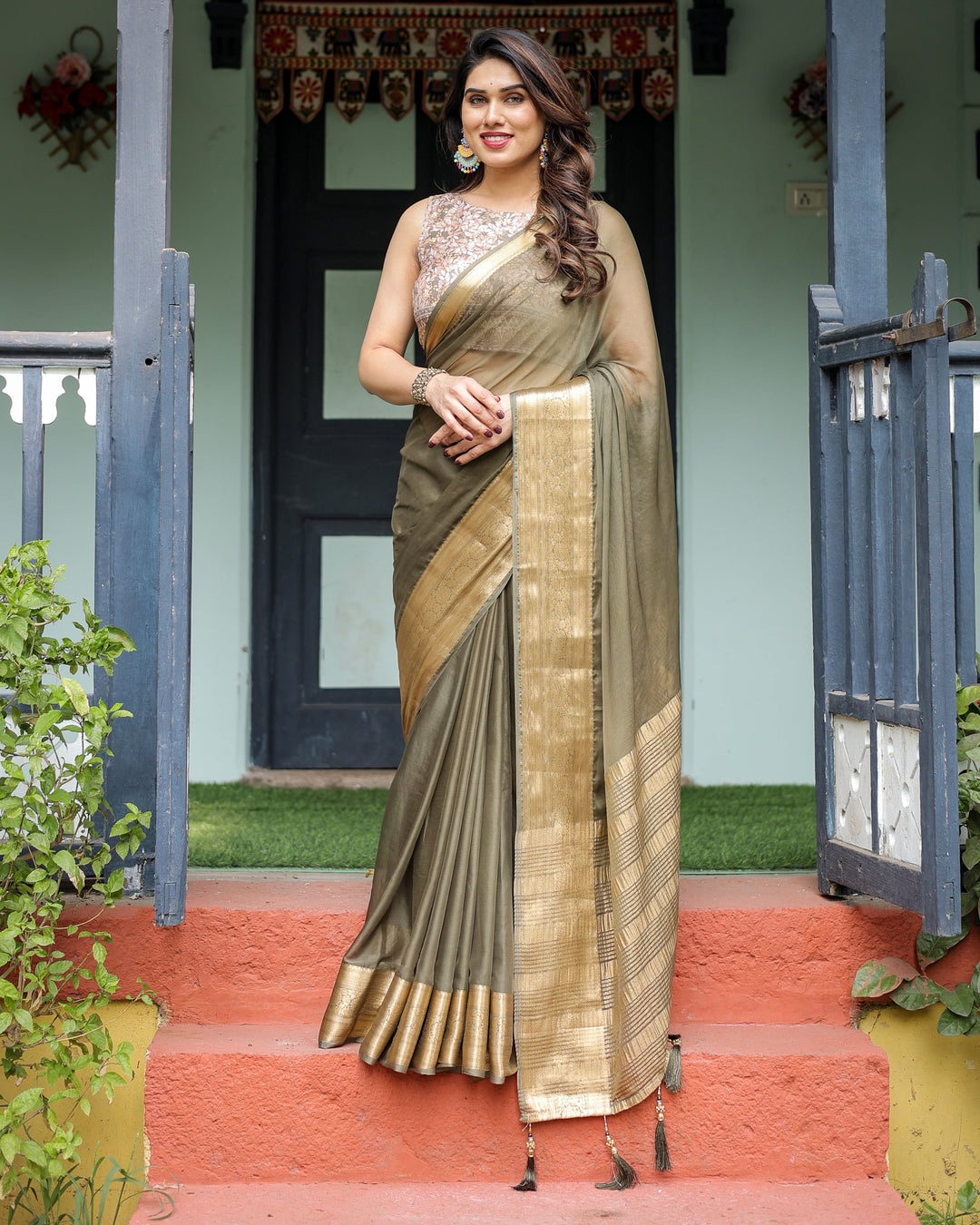 Olive Green Sheer Chiffon Saree with Gold Zari Border and Floral Designer Blouse