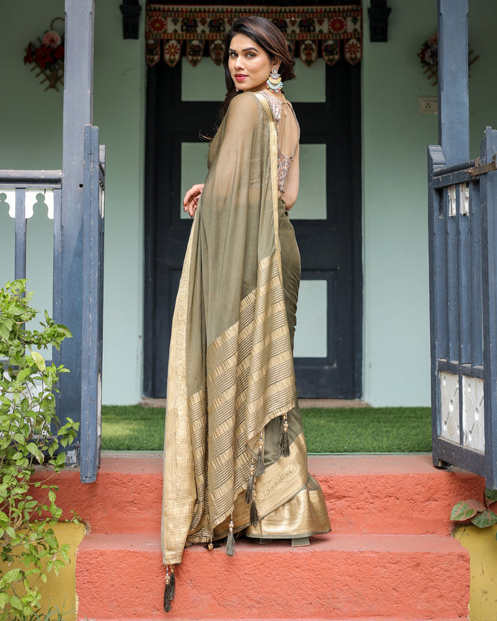 Olive Green Sheer Chiffon Saree with Gold Zari Border and Floral Designer Blouse