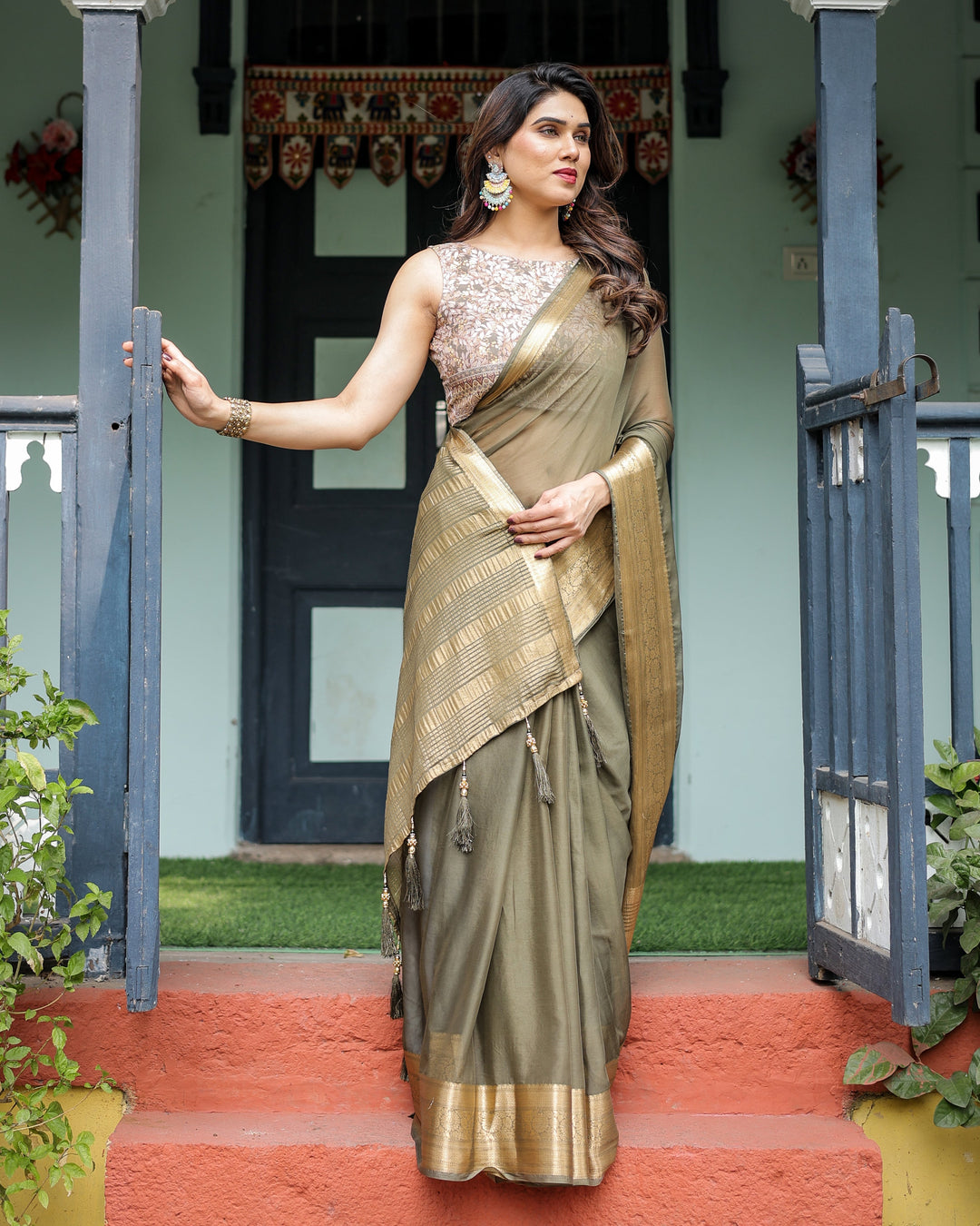 Olive Green Sheer Chiffon Saree with Gold Zari Border and Floral Designer Blouse