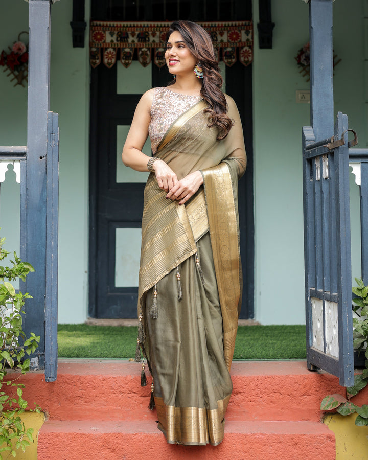 Olive Green Sheer Chiffon Saree with Gold Zari Border and Floral Designer Blouse