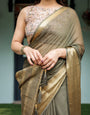 Olive Green Sheer Chiffon Saree with Gold Zari Border and Floral Designer Blouse