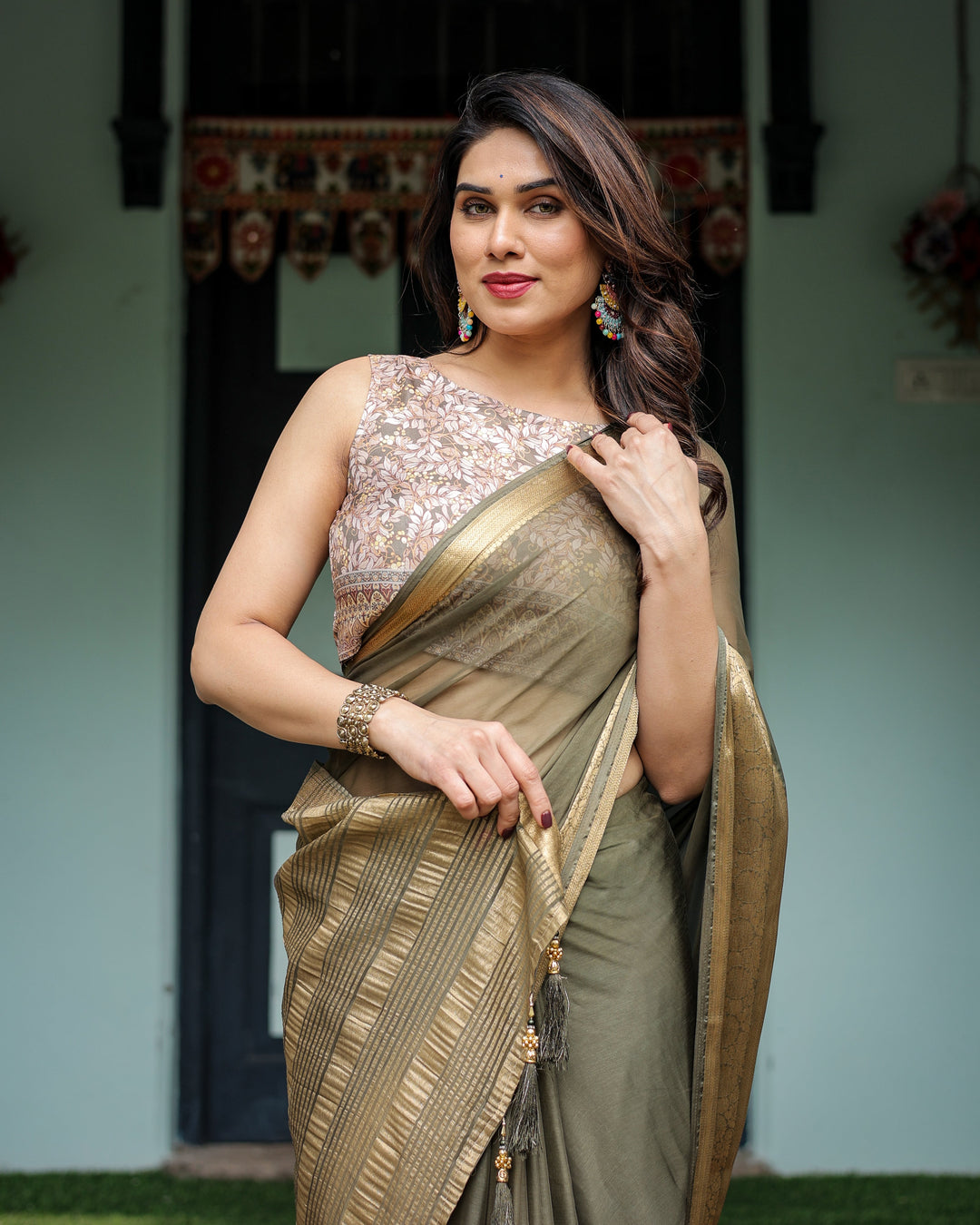 Olive Green Sheer Chiffon Saree with Gold Zari Border and Floral Designer Blouse