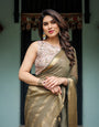 Olive Green Sheer Chiffon Saree with Gold Zari Border and Floral Designer Blouse