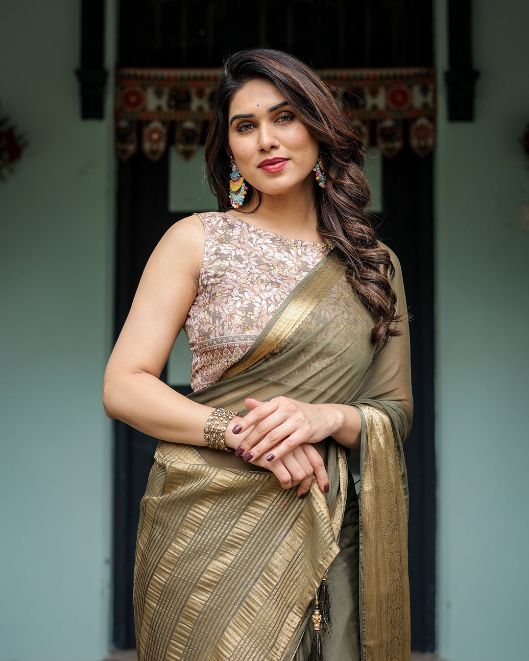 Olive Green Sheer Chiffon Saree with Gold Zari Border and Floral Designer Blouse