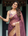 Plum Sheer Chiffon Saree with Golden Zari Border and Floral Designer Blouse