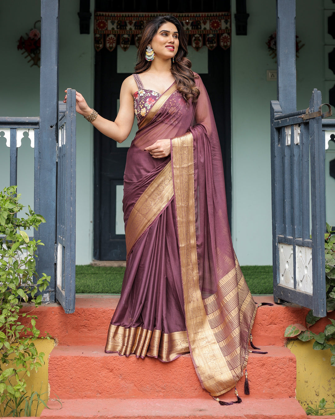 Plum Sheer Chiffon Saree with Golden Zari Border and Floral Designer Blouse