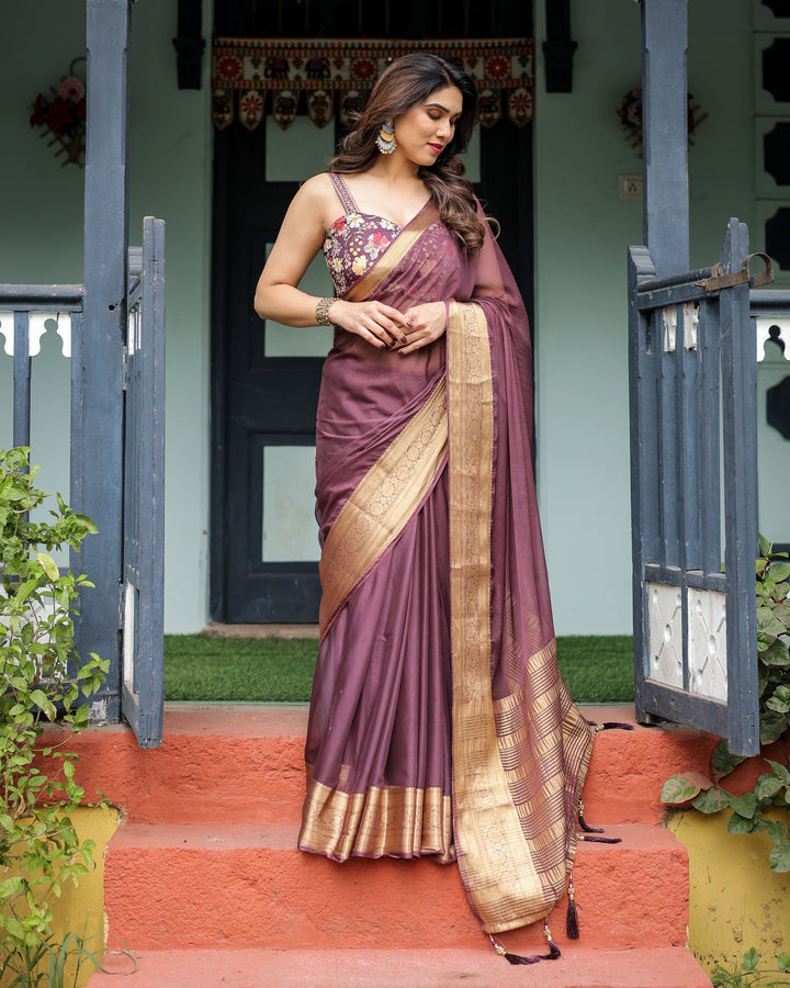 Plum Sheer Chiffon Saree with Golden Zari Border and Floral Designer Blouse