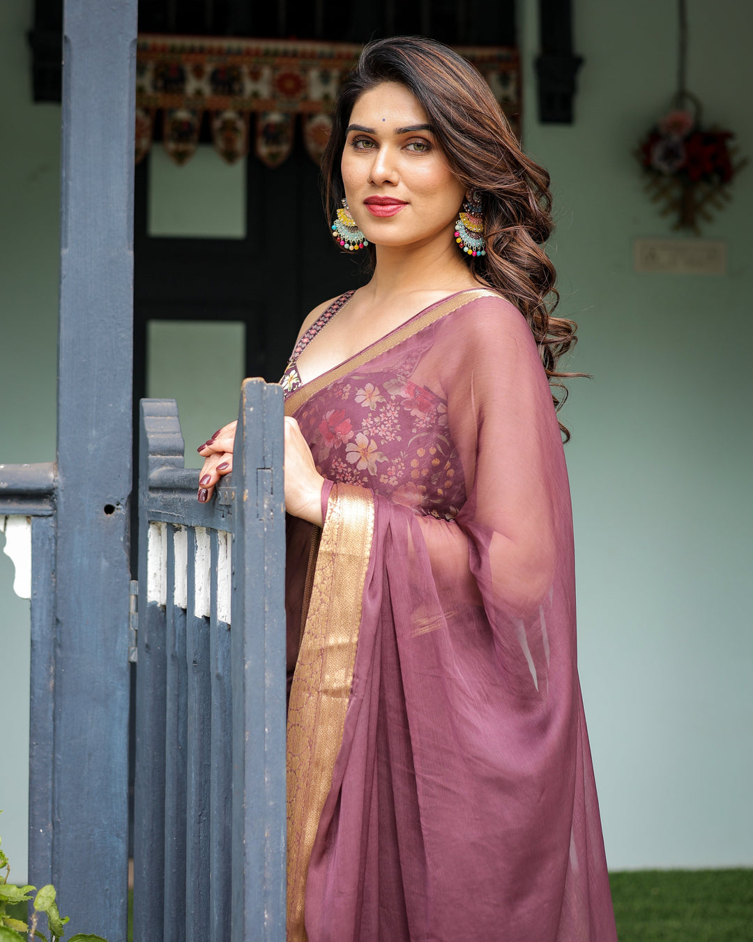 Plum Sheer Chiffon Saree with Golden Zari Border and Floral Designer Blouse