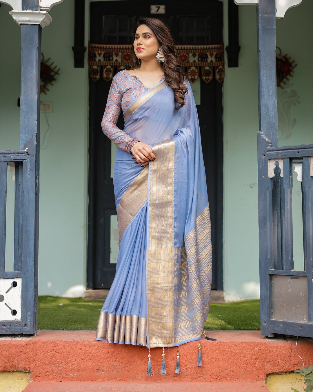 Sky Blue Plain Chiffon Saree with Gold Zari Border, Geometric Printed Blouse & Tassel Detailing