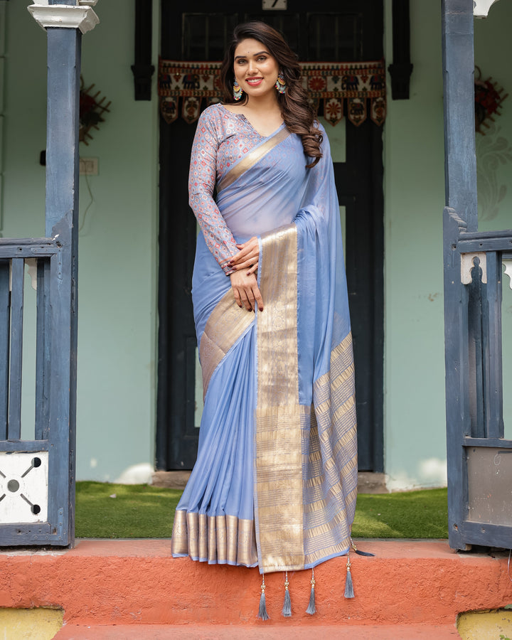 Sky Blue Plain Chiffon Saree with Gold Zari Border, Geometric Printed Blouse & Tassel Detailing